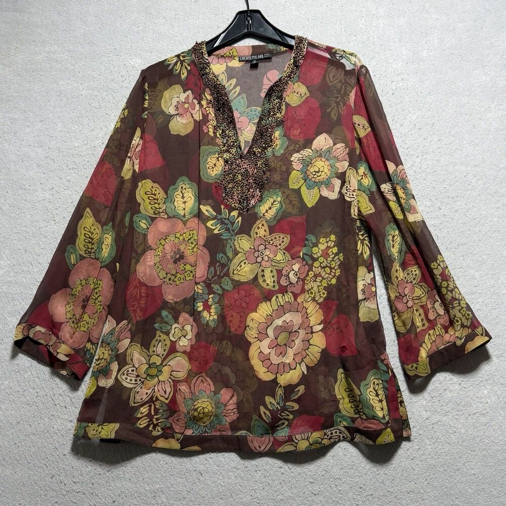 Lafayette 148 NY Sheer Floral Blouse Women’s Large Hand Beaded Collar NWT $368
